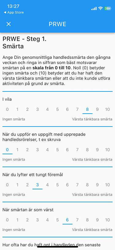 PRWE form — original app format before the redesign